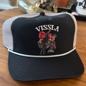 VISSLA Black and White Mesh Trucker Hat with Embroidered Surf Graphic